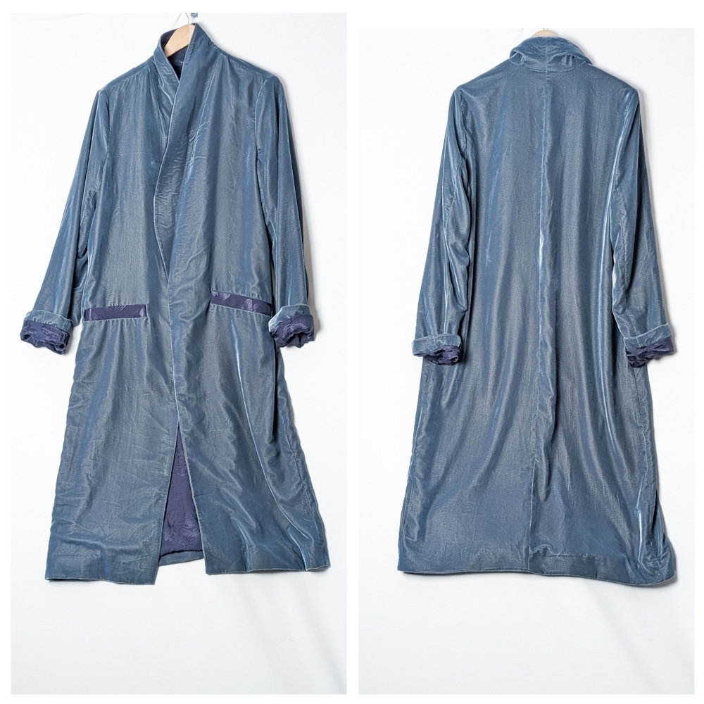 FREE PEOPLE Velvet Duster Paisly Blue Long  Robe Coat L Large